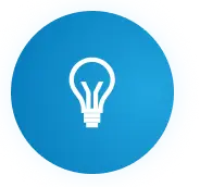 A light bulb icon centered on a blue circle, symbolizing ideas and innovation.
